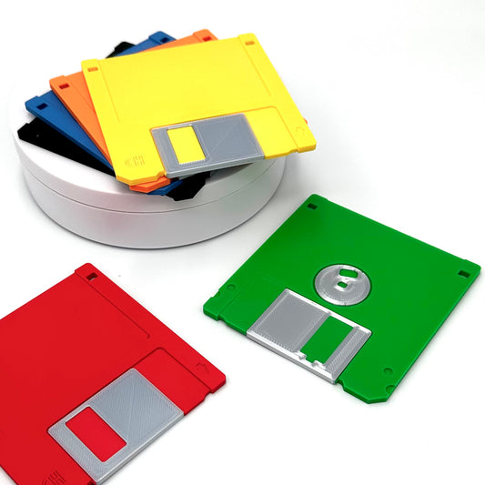 Retro Floppy Disk Coasters Set – 3D Printed, Life-Sized, Realistic or Flat top, Eco-Friendly PLA, Mixed Colours, Geeky Desk Decor, Nerdy Gift