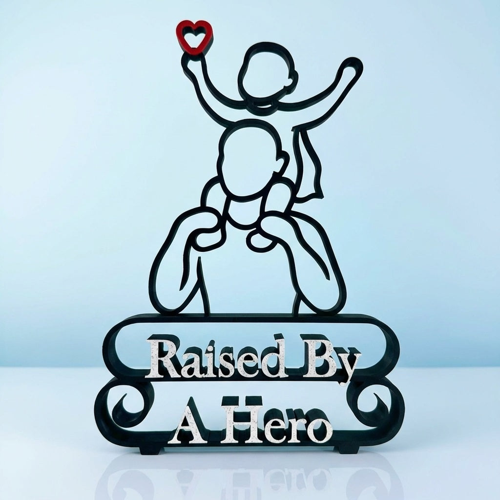 Father & Child Line Art Sculpture - "Raised By A Hero" - Personalised Gift for Dad