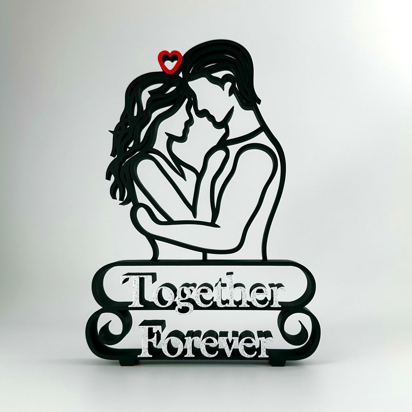 Decorative line art statue of a couple embracing with 'Together Forever' text beneath.