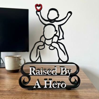 Father & Child Line Art Sculpture - "Raised By A Hero" - Personalised Gift for Dad