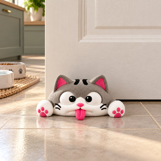 Funny Squashed Cat Door Stop - Cute Grey Cat Doorstop Wedge