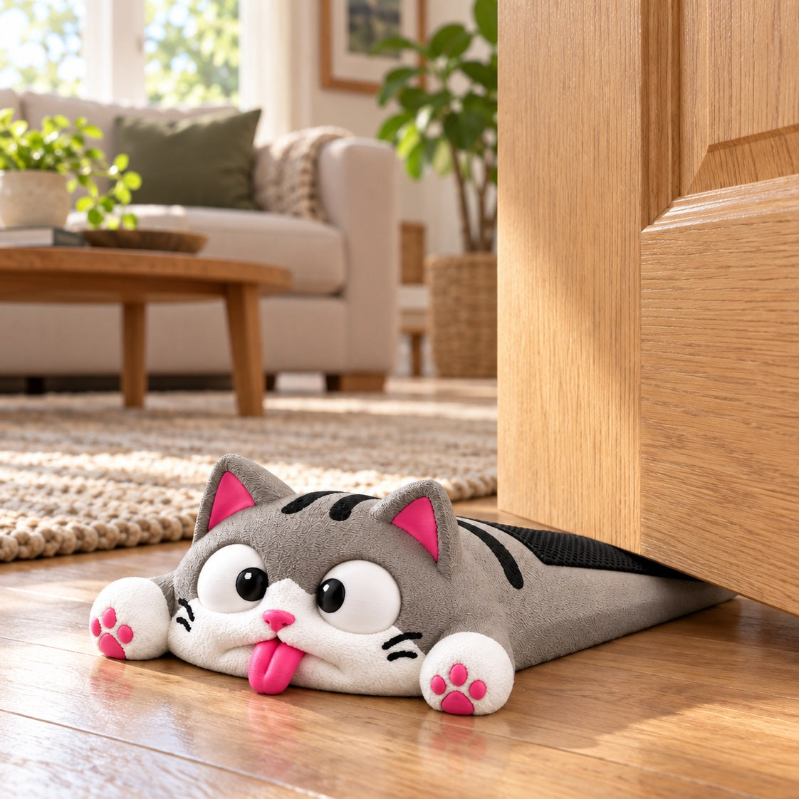 Funny Squashed Cat Door Stop - Cute Grey Cat Doorstop Wedge