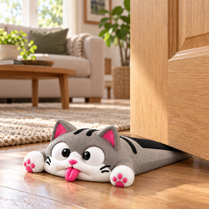 Funny Squashed Cat Door Stop - Cute Grey Cat Doorstop Wedge
