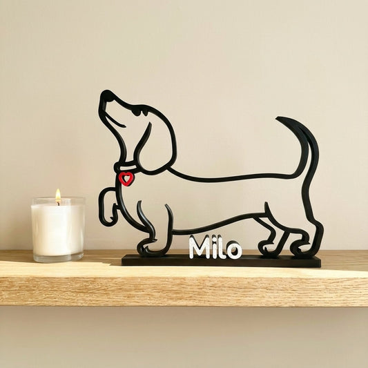 Custom Sausage Dog Line Art Sculpture - Personalised Dachshund Name Sign - Modern Dog Memorial Gift