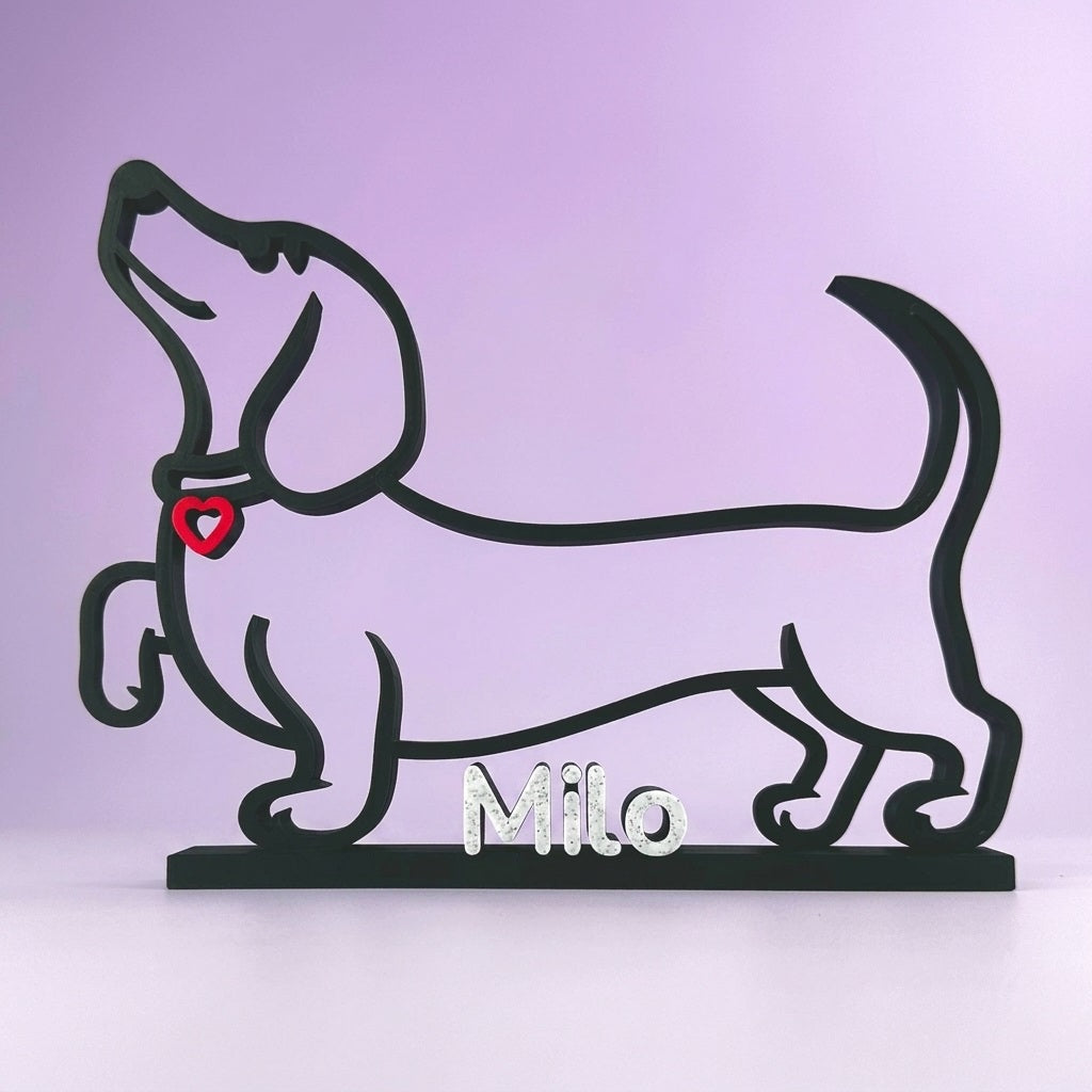 Custom Sausage Dog Line Art Sculpture - Personalised Dachshund Name Sign - Modern Dog Memorial Gift