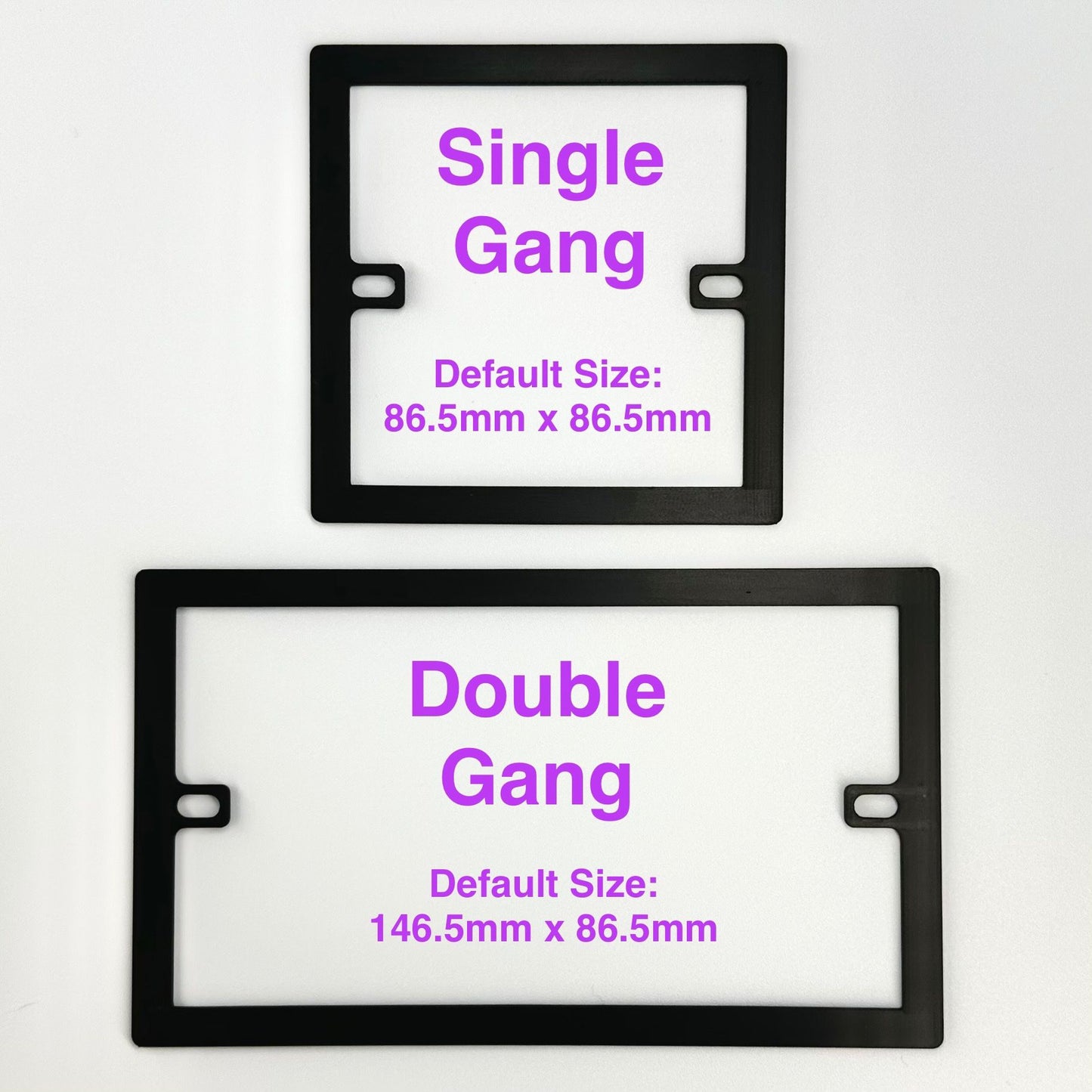 Overhead view of black 'Single Gang' and 'Double Gang' socket spacer plates on a white background, with text indicating their default sizes of 86.5mm square for single gang, and 146.5mm x 86.5mm for double gang.