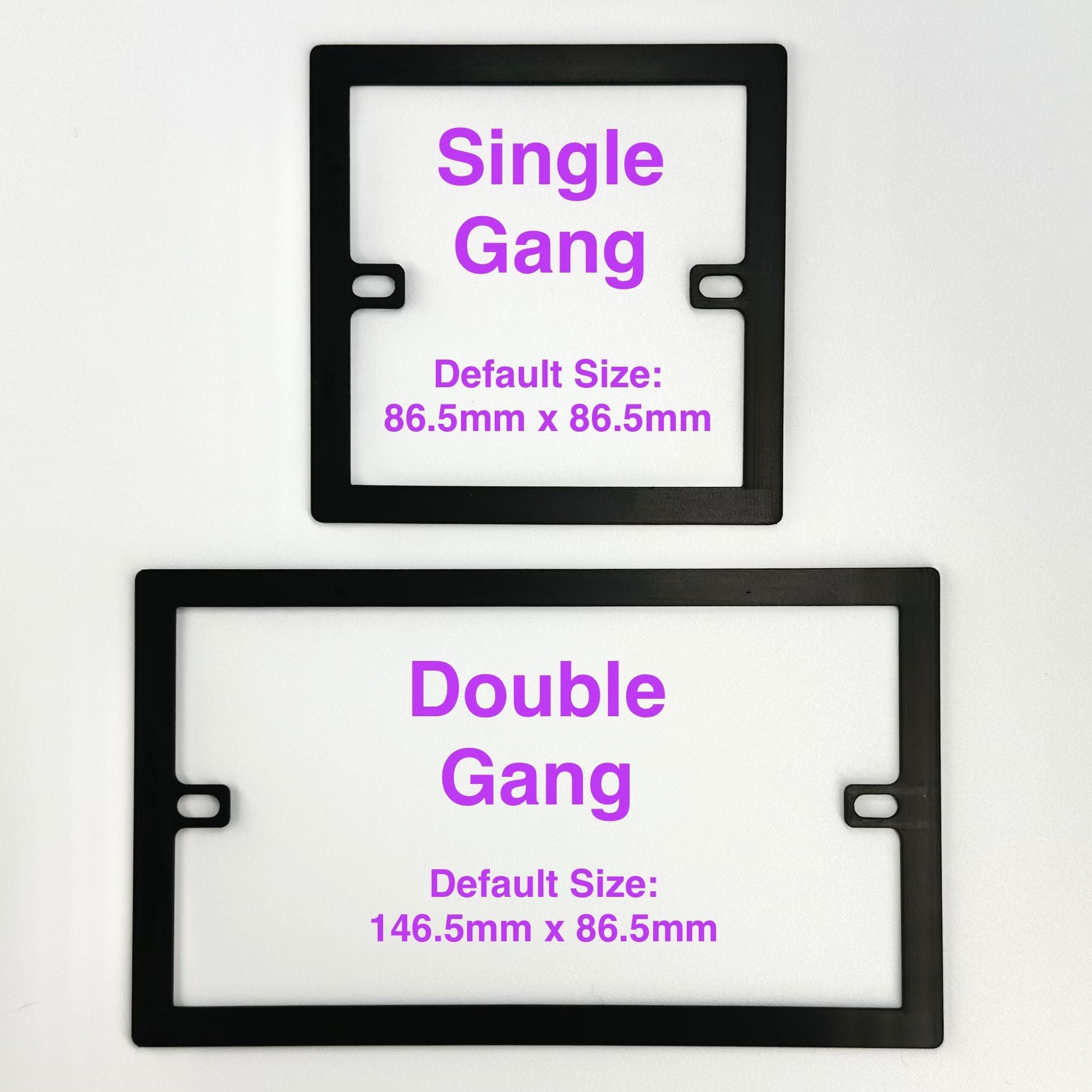 Overhead view of black 'Single Gang' and 'Double Gang' socket spacer plates on a white background, with text indicating their default sizes of 86.5mm square for single gang, and 146.5mm x 86.5mm for double gang.