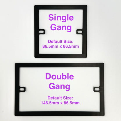 Overhead view of black 'Single Gang' and 'Double Gang' socket spacer plates on a white background, with text indicating their default sizes of 86.5mm square for single gang, and 146.5mm x 86.5mm for double gang.